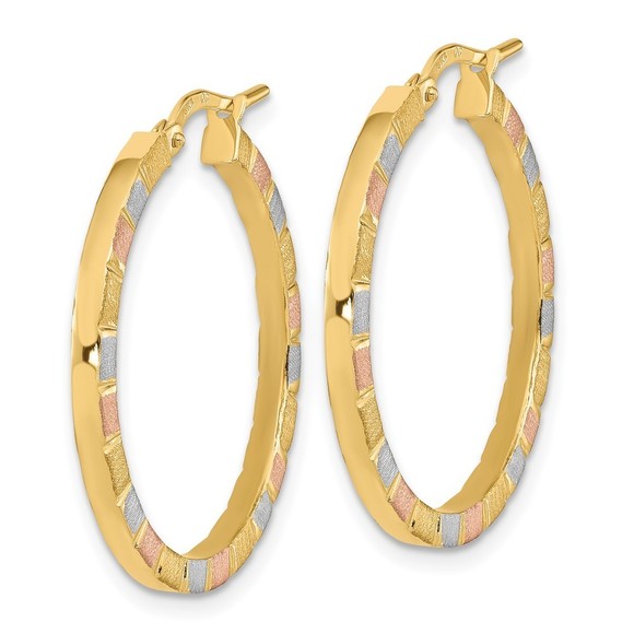 14k w/White & Rose Rhodium Polished & Satin Hoop Earrings - Picture 4 of 4